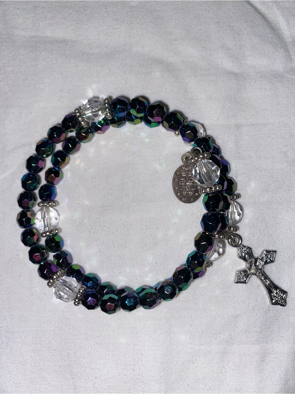 Iridescent Multicolor Beaded Wrap Bracelet with Crystal Accents and Cross Charm